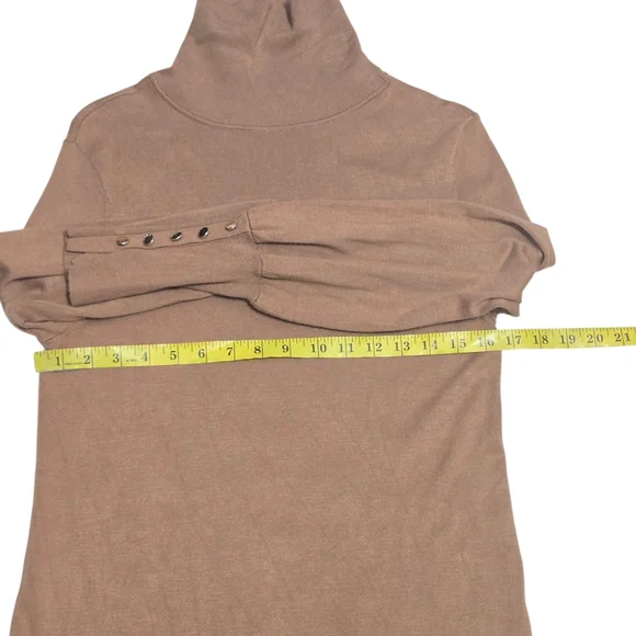 Melanie Lyne Camel Turtleneck Sweater Knit Dress  Gold Button Cuff Size Small - Picture 8 of 8